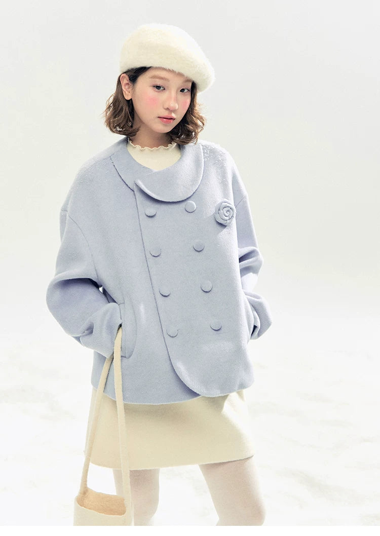"Rose Manifesto" Frosted Blue Double-Breasted Quilted Wool-Blend Peacoat