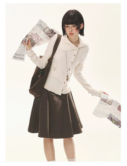 "Cotton Ruffle" Tea Apricot Asymmetric Knit Cardigan