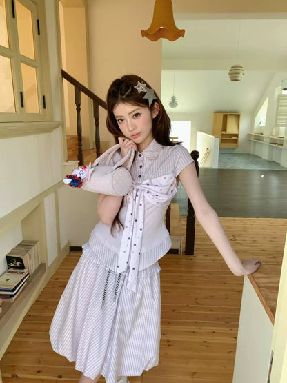[RF] “Milk Taro Fizz” Soft Purple Striped Blouse & Bloom Skirt Set (Light Blue / Lavender)
