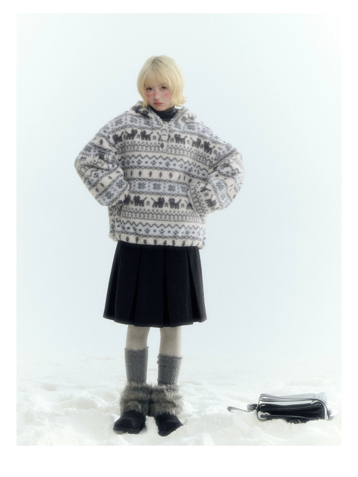 Horridale - Pink Fair Isle Cat Sherpa Fleece Hoodie with Bunny Ears