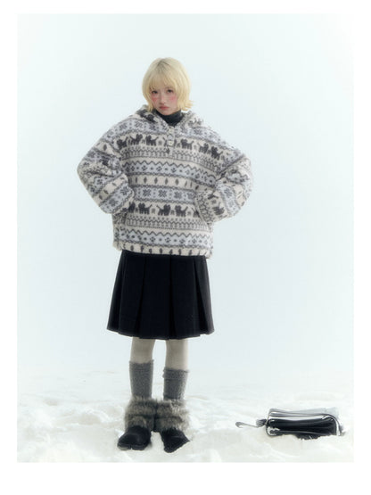 Horridale - Pink Fair Isle Cat Sherpa Fleece Hoodie with Bunny Ears