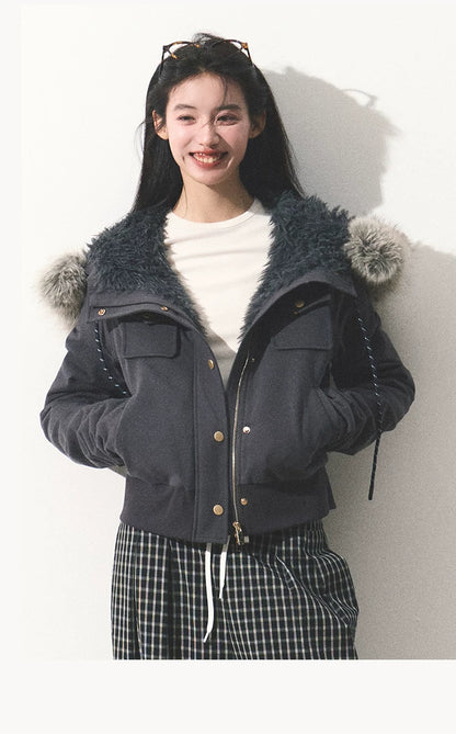OAKMOO/ "Energy & Freedom" Mocha Gray Fur-Collar Cropped Hoodie Jacket