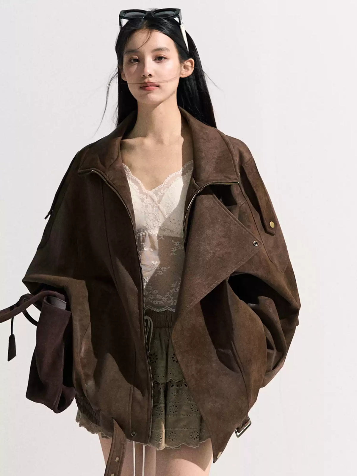 OAKMOO/ "“Ginger & Blossoms”" Mocha Mousse Vintage Faux Suede Moto Jacket