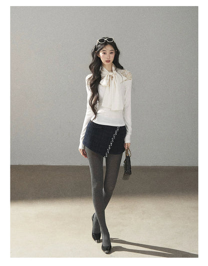AOMALM - Navy Tweed Jacket & Skort Set with Dutch Cheese Top