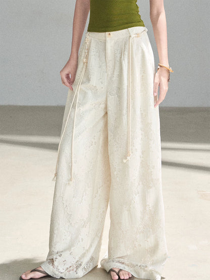 "A Love Letter to Sunlight" Dutch Cream Lace Wide-Leg Pants (With Matching Waist Rope)