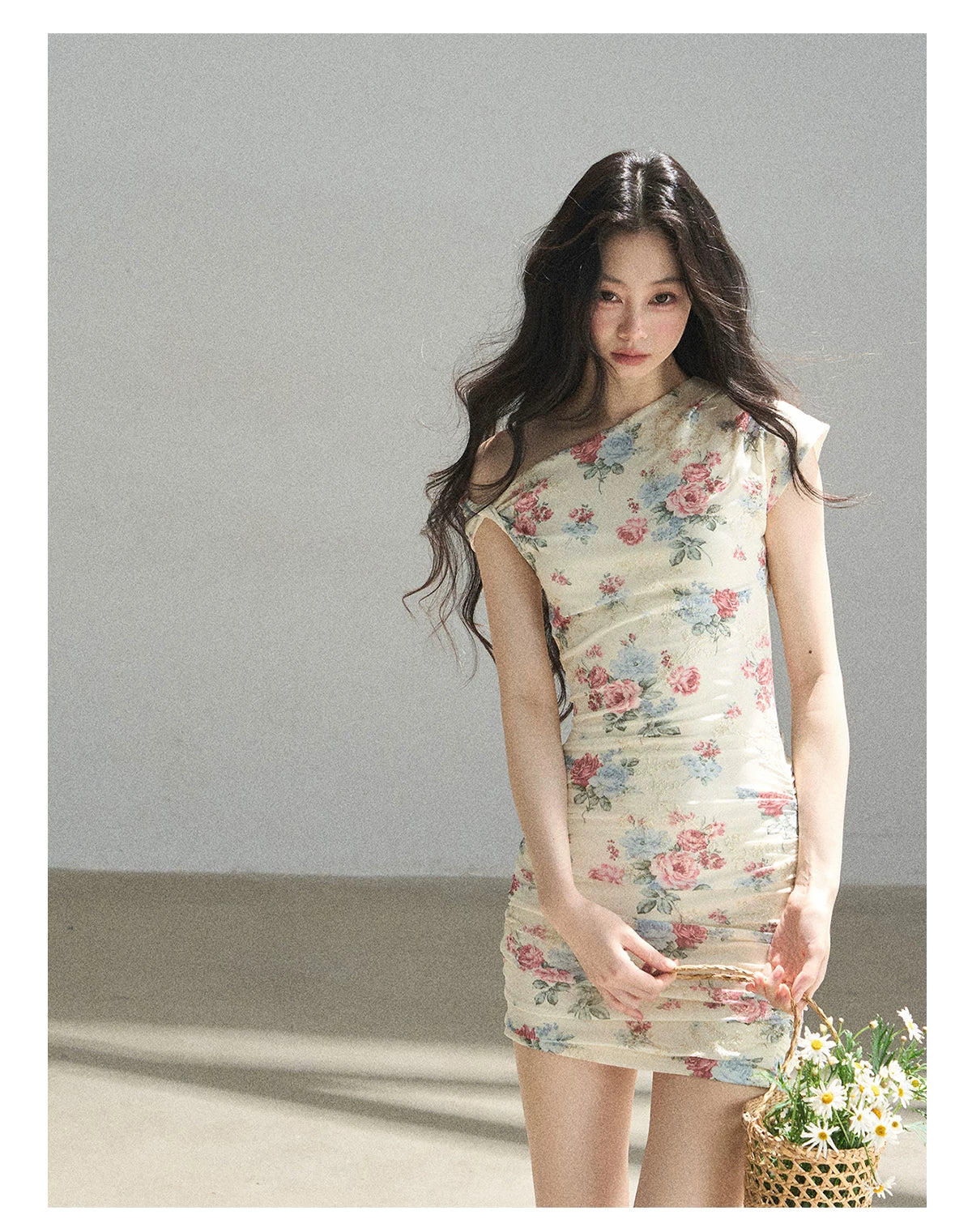 "Flowers & Sunlight" Dutch Cream Off-Shoulder Mesh Bodycon Mini Dress
