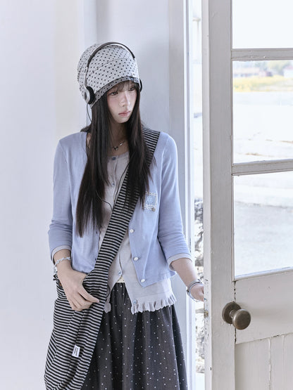 "Starry Miu" Layered Knit Collection (Dusty Blue Cardigan / Polka Dot Skirt)