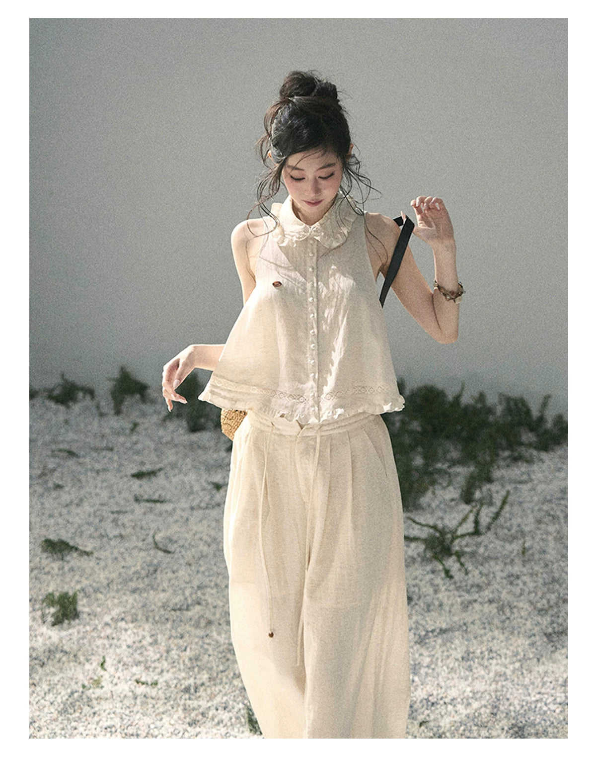 "Soft Cloud Reverie" Dutch Cream Lace Top & Bubble Skirt & Wide-Leg Pants Set 5468465