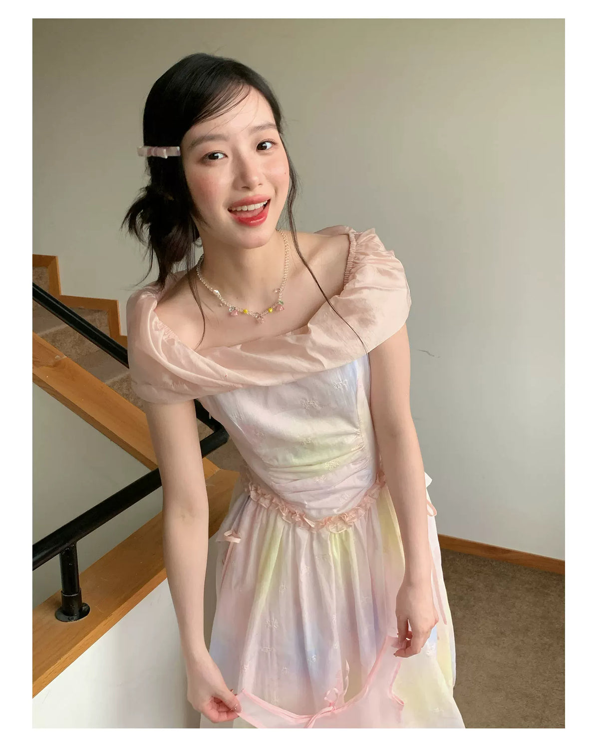 [RF] “Dreamlight Reverie” Pink Gradient Embroidered Off-Shoulder Maxi Dress