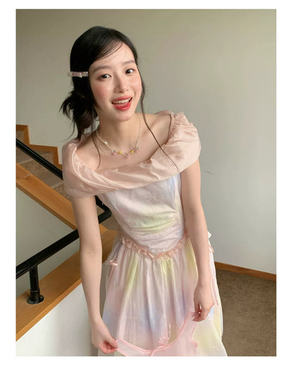 [RF] “Dreamlight Reverie” Pink Gradient Embroidered Off-Shoulder Maxi Dress