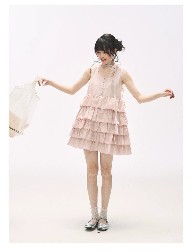 "Misty Pink Reverie" Petal Pink Lace Tie Tiered Sleeveless Dress