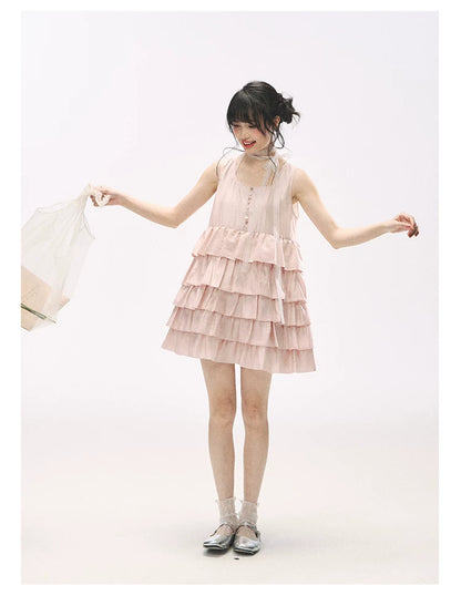 "Misty Pink Reverie" Petal Pink Lace Tie Tiered Sleeveless Dress