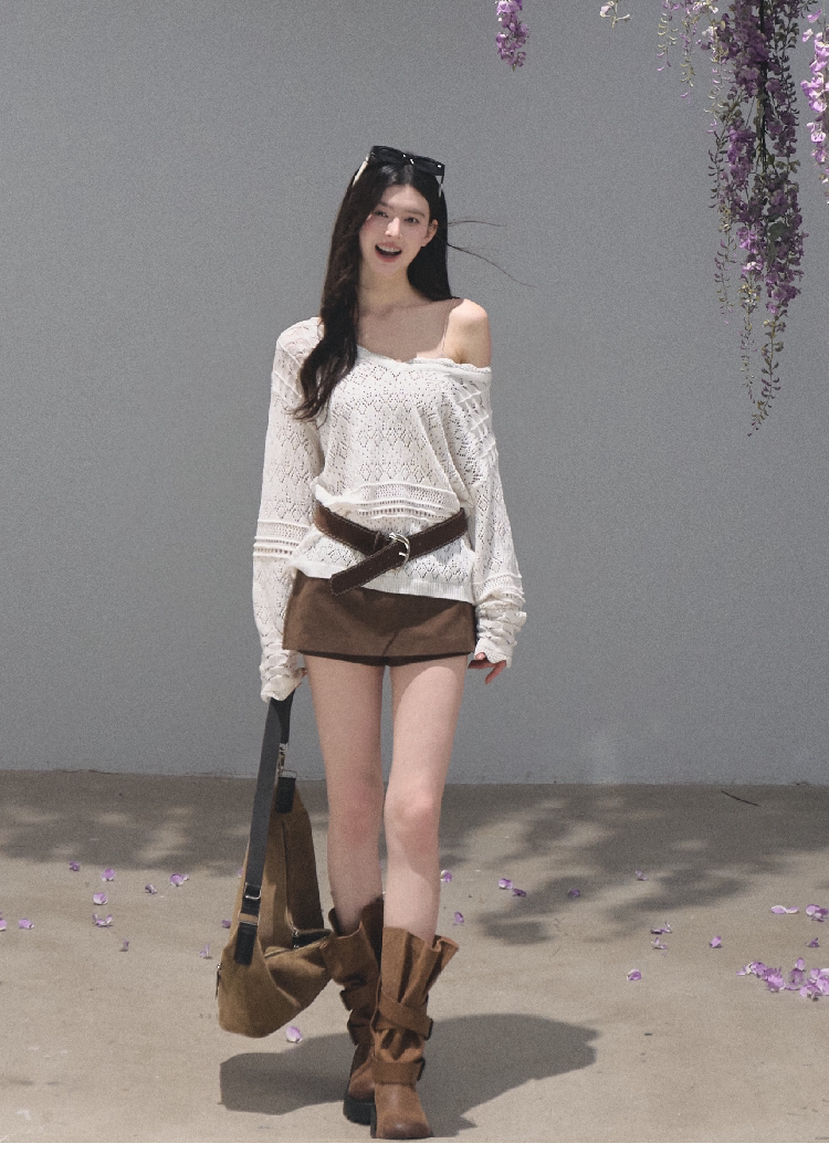 OAKMOO/ Distressed Slouchy Mid-Calf Combat Boots with Layered Straps