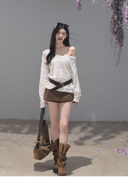 OAKMOO/ Distressed Slouchy Mid-Calf Combat Boots with Layered Straps