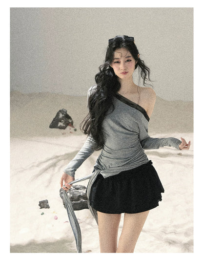 "Free Spirit" Moon Mist Gray Faux-Layer One-Shoulder Lace Top