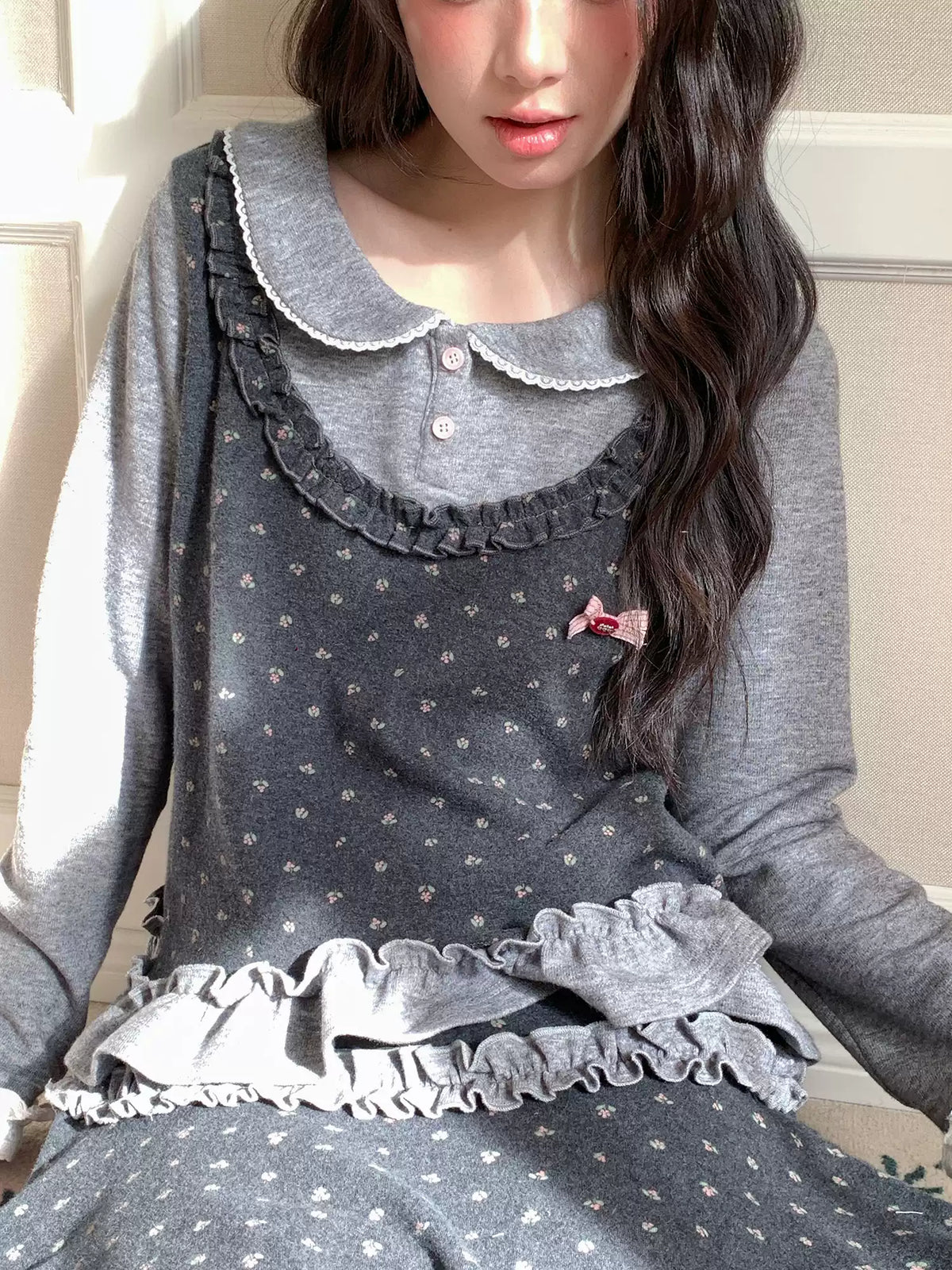 [[RF] “Gray-Toned Layered Charm” Gray Floral Two-Piece Skirt Set