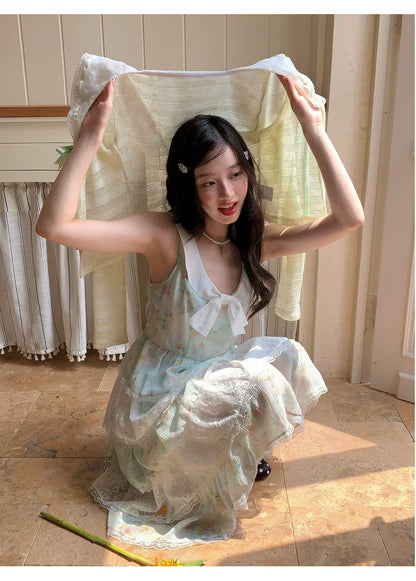 [RF] “Meadow Lilt” Light Green Floral Lace-Trim Tiered Maxi Dress