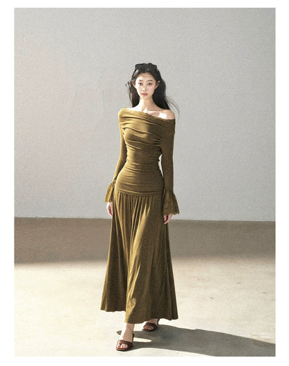 AOMALM - Terracotta Brown Lace Trim Knit Top and Maxi Skirt Set