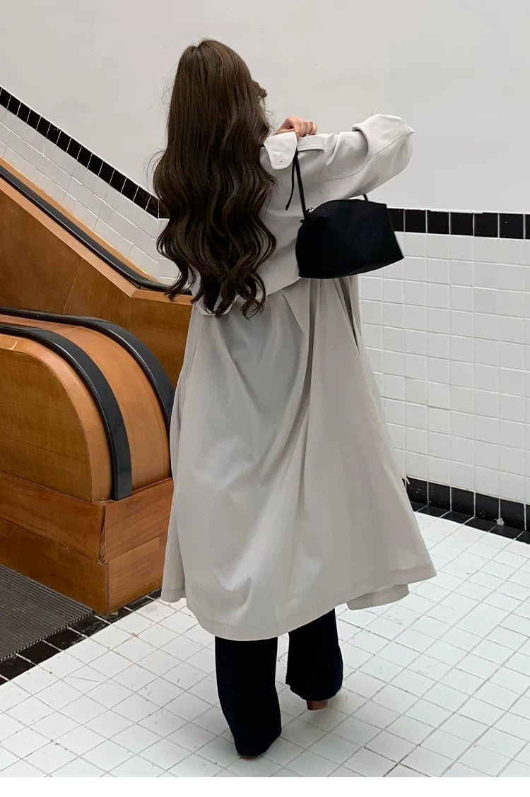 LaluneDuCiel - Beige Gray Double-Breasted Long Trench Coat