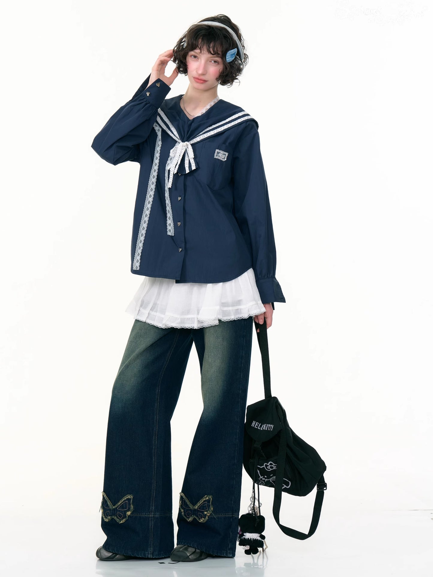 ZiziFei - Navy Collar Lace-Trimmed Long Sleeve Blouse