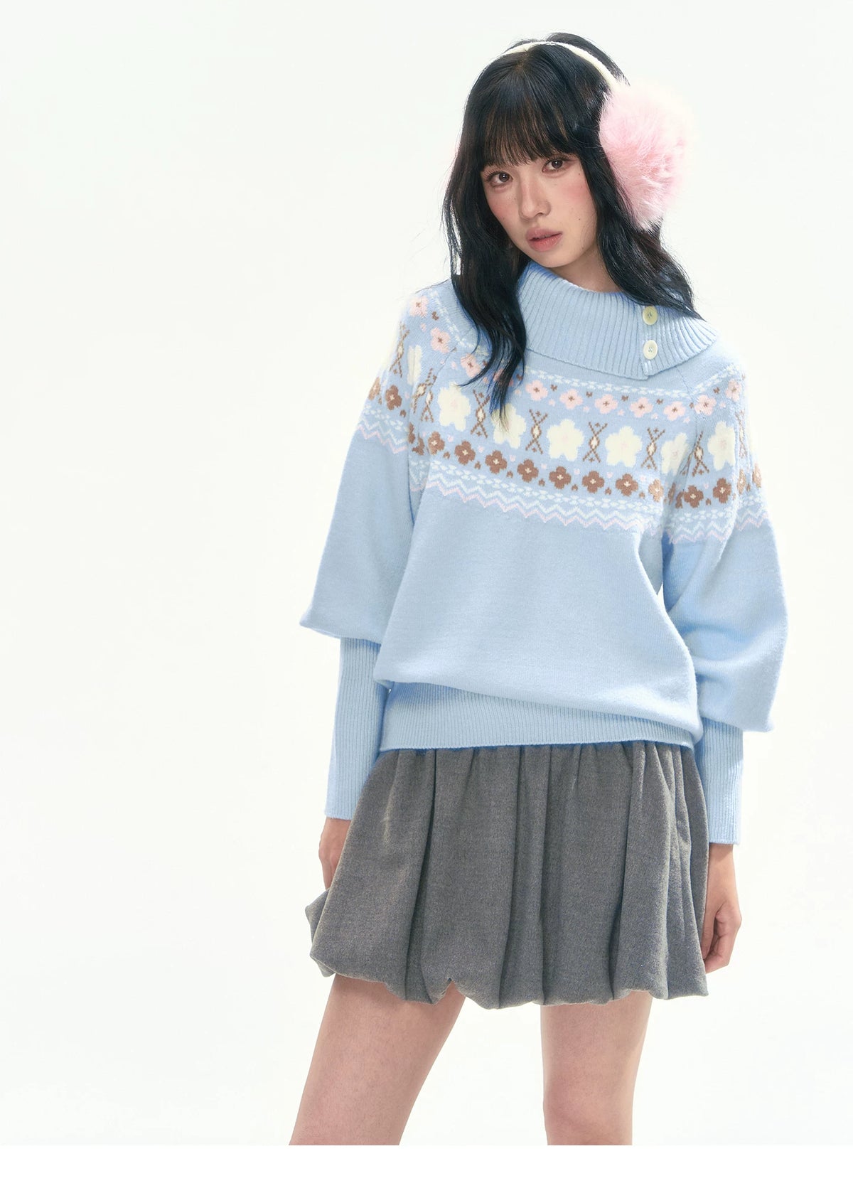 [CAN] Light Blue Floral Fair Isle Knit Sweater