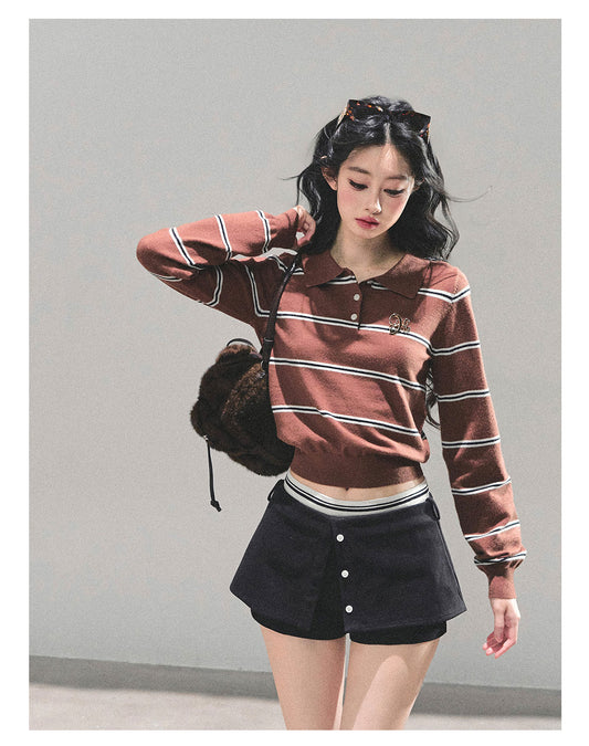 少也眼 “Between Illusion and Reality” Knit Polo Top - Mocha Brown 98465165