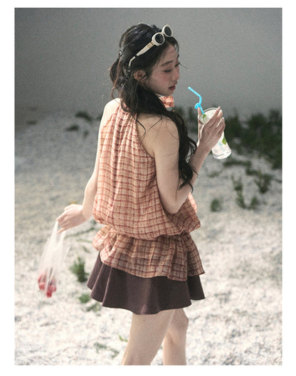 “Maple Whisper” Rust Red Halter Plaid Slim Tee