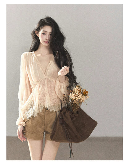 AOMALM - Blush Pink Lace-Trim Chiffon Blouse & Cami Set
