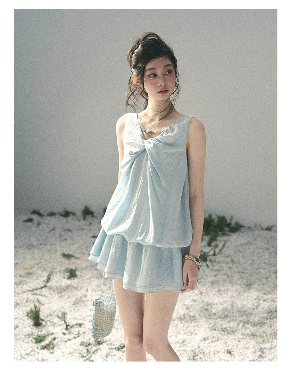 “Whispering Grass” Moonlight Blue Twist Mini Dress