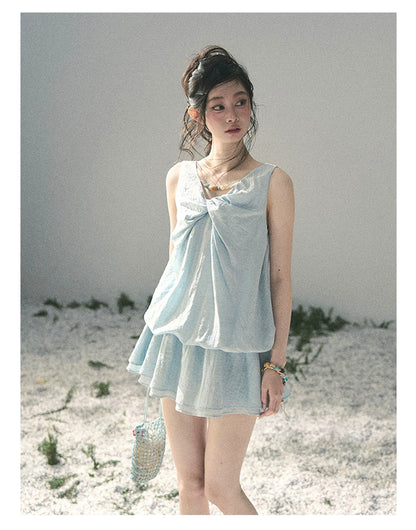 “Whispering Grass” Moonlight Blue Twist Mini Dress
