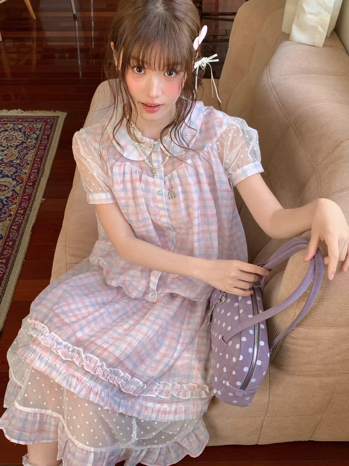 [RF] “Rainbow Cotton Candy” Blue & Pink Plaid Two-Piece Set