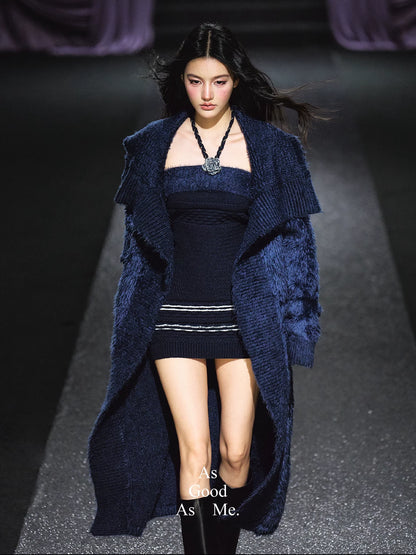 "Midnight Bloom" Navy Hand-Crochet Floral Contrast Knit Dress & Oversized Shawl Collar Knit Cardigan Set