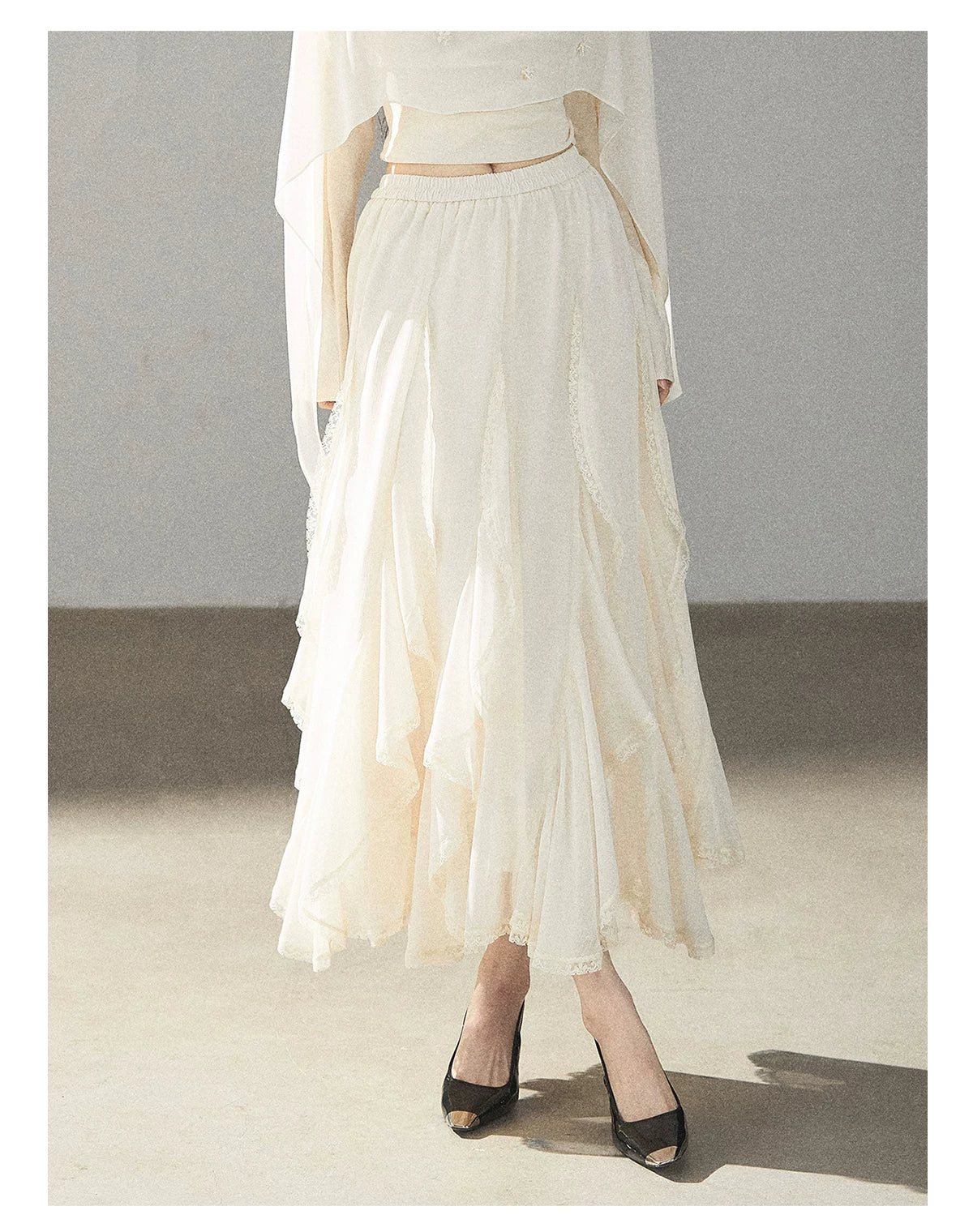 AOMALM - Cloud-Shaped French Lace Ruffle Midi Skirt – Elegant Autumn Maxi
