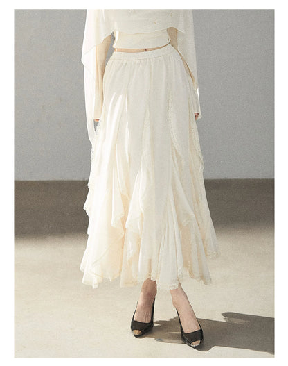 AOMALM - Cloud-Shaped French Lace Ruffle Midi Skirt – Elegant Autumn Maxi