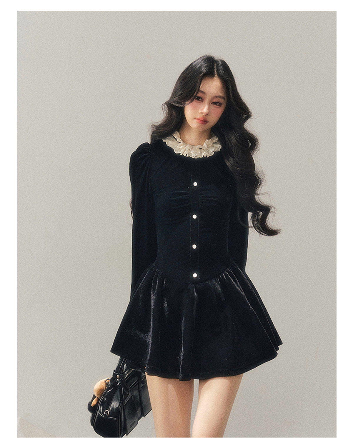 040126 "The Bladette Heiress" French Lace-Trim Velvet Mini Dress