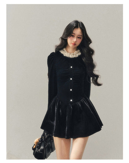 040126 "The Bladette Heiress" French Lace-Trim Velvet Mini Dress