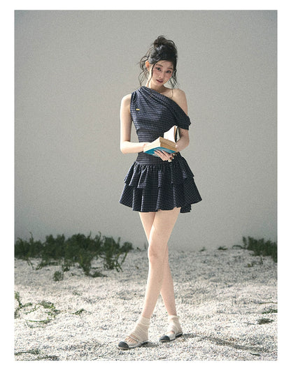 "Moonlit Bellflower Reverie" Navy Plaid One-Shoulder Mini Dress 567474