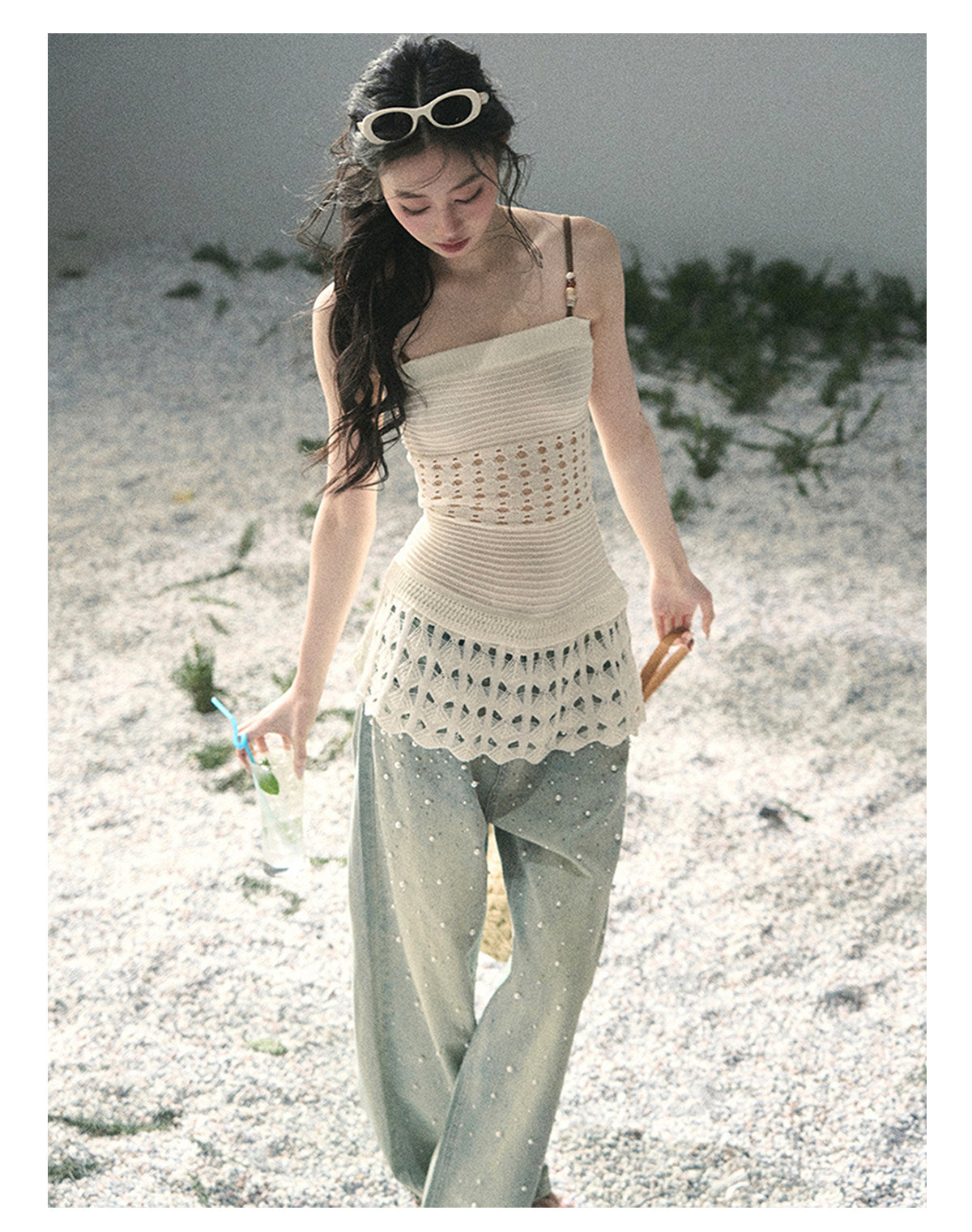 “Fractured Presence” Ivory Open-Knit Cami Top