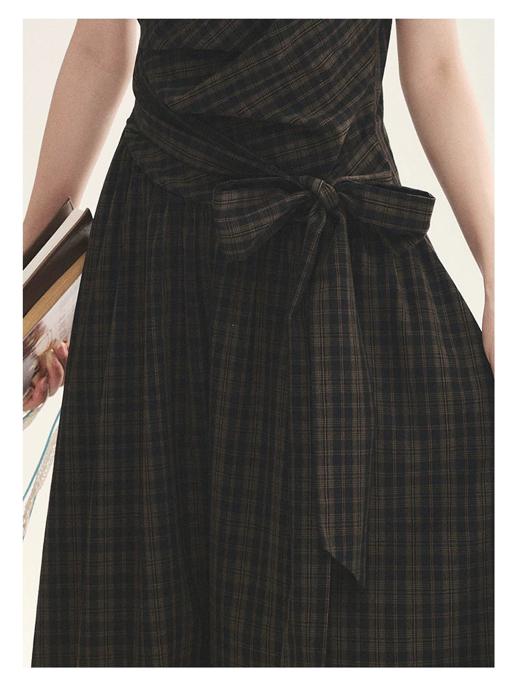 "Vintage Scholar" Black Brown Plaid Bow Tie Peter Pan Collar Maxi Dress