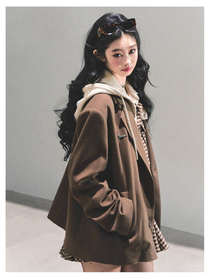 少也眼 "Minimal Silhouette" Hooded Blazer - Coffee Brown