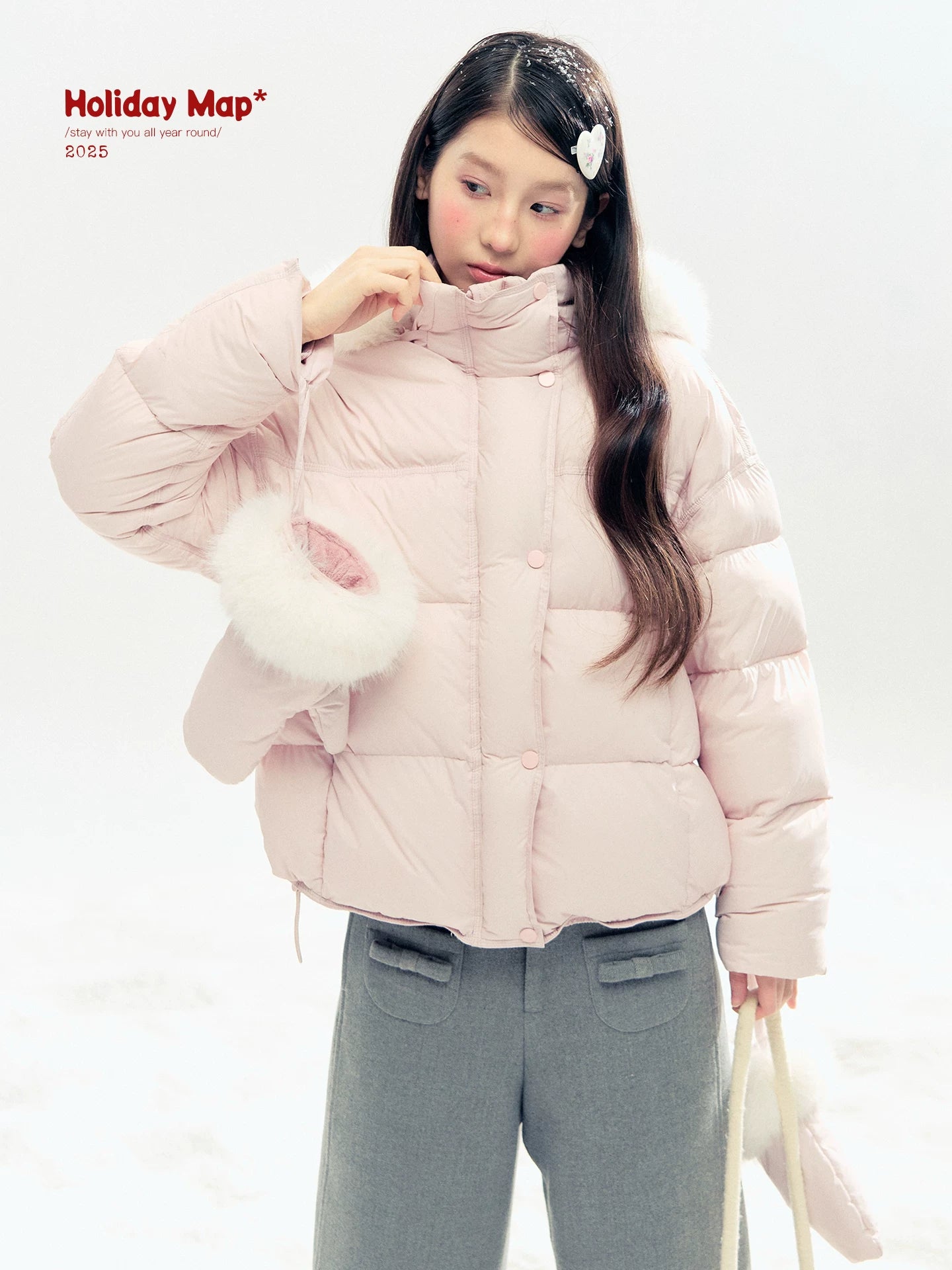 "Snowland Sprite" Peach Blush Lilac Hooded Down Jacket with Detachable Faux Fur Trim & Gloves
