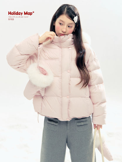 "Snowland Sprite" Peach Blush Lilac Hooded Down Jacket with Detachable Faux Fur Trim & Gloves