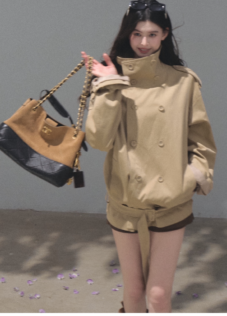OAKMOO/ Belted Double-Breasted Trench Jacket (Deep Black / Hazel Khaki)