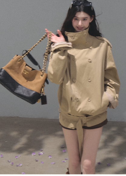 OAKMOO/ Belted Double-Breasted Trench Jacket (Deep Black / Hazel Khaki)