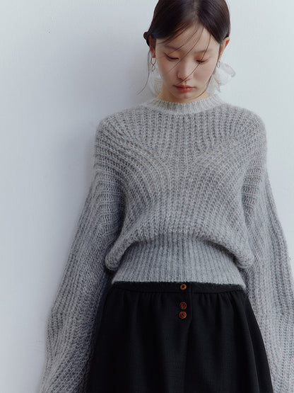 FUSSED Lazy Furry Mist Gray Wool & Baby Mohair Color-Block Sweater FOF-25SS133