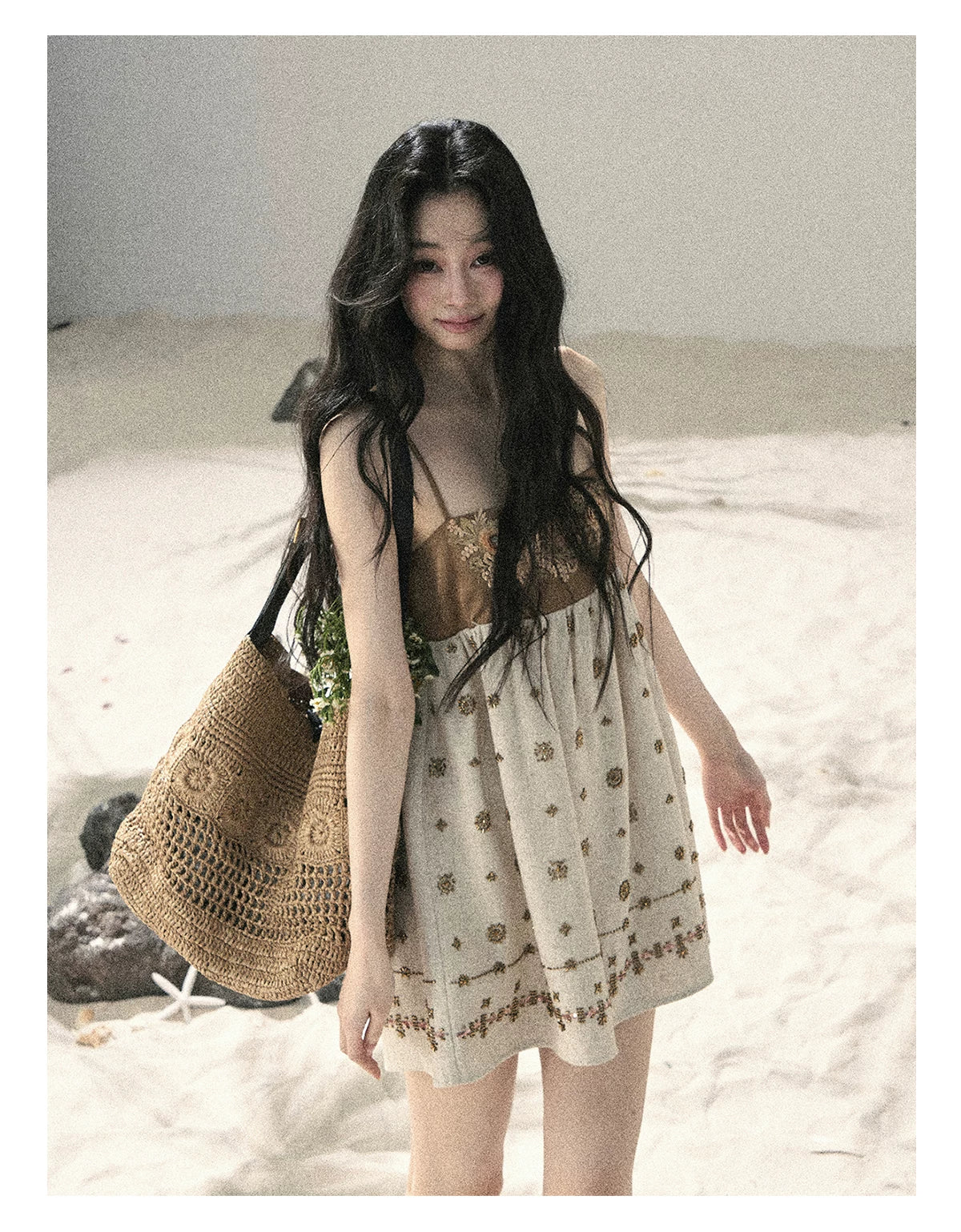 "Whispers Through the Wheat Fields" Oat Beige Floral Cami Babydoll Mini Dress