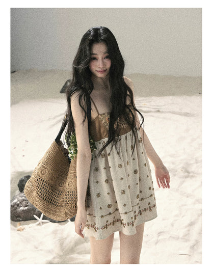 "Whispers Through the Wheat Fields" Oat Beige Floral Cami Babydoll Mini Dress