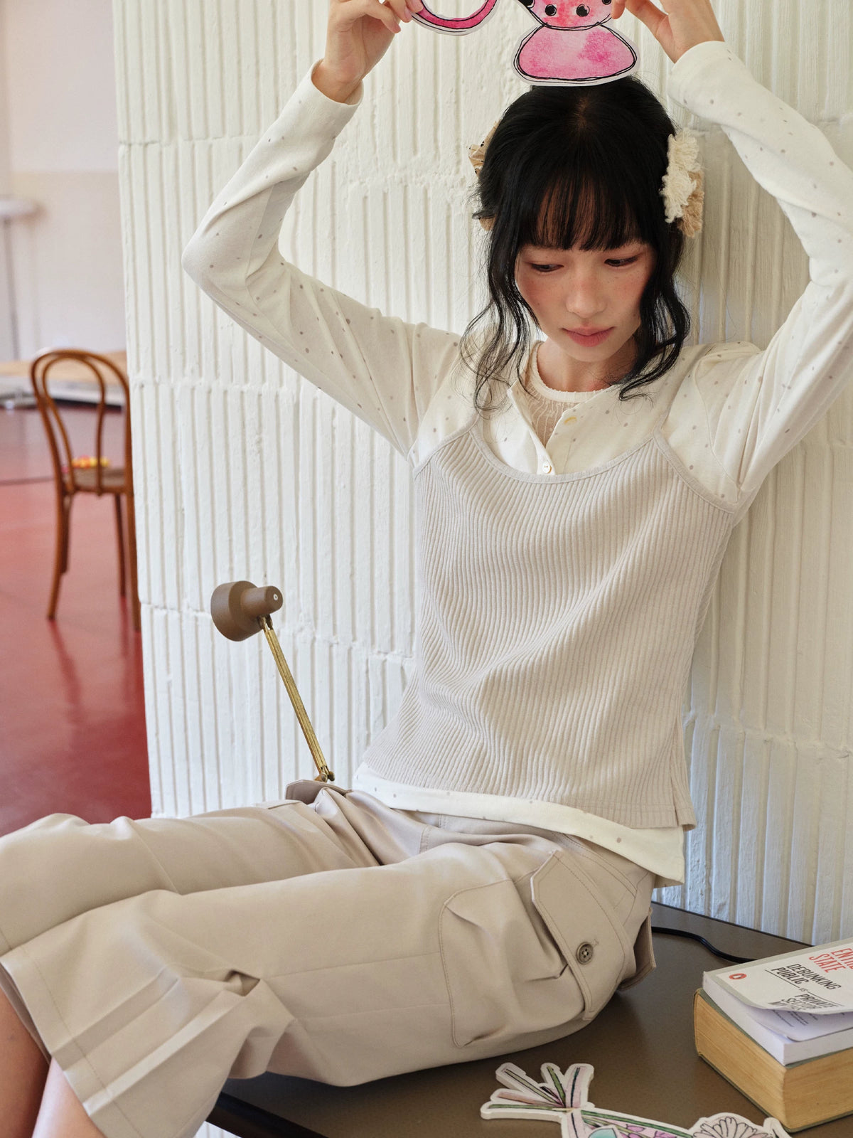 DAILY ARTIST - Cream Polka Dot Layered Henley Lace Top