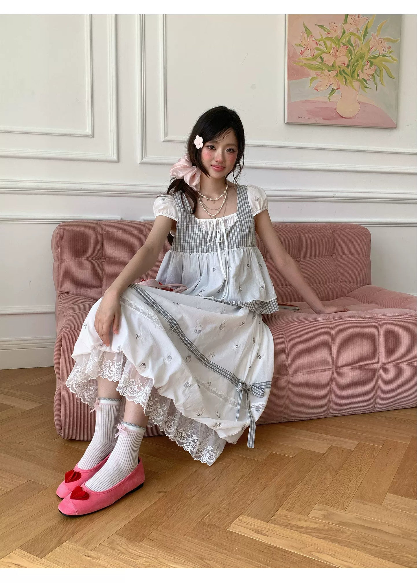 “Misty Isle White Tea” Grey White Polka Dot Skirt Set