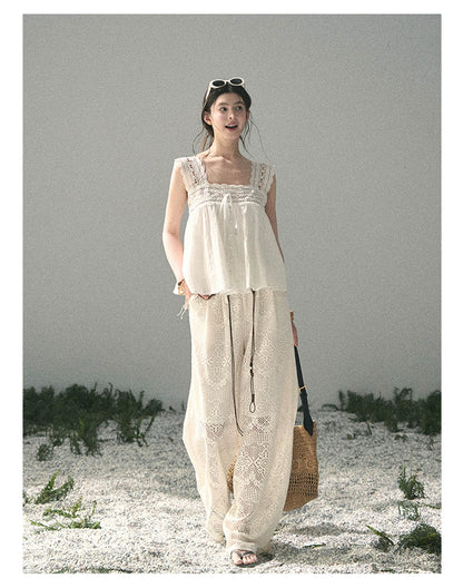 “Wandering Here” Milk Apricot Openwork Wide-Leg Pants